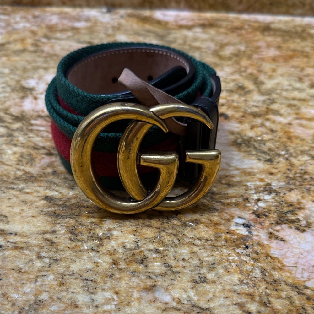 Gucci Belt with Green and Red Stripes and Gold GG Buckle